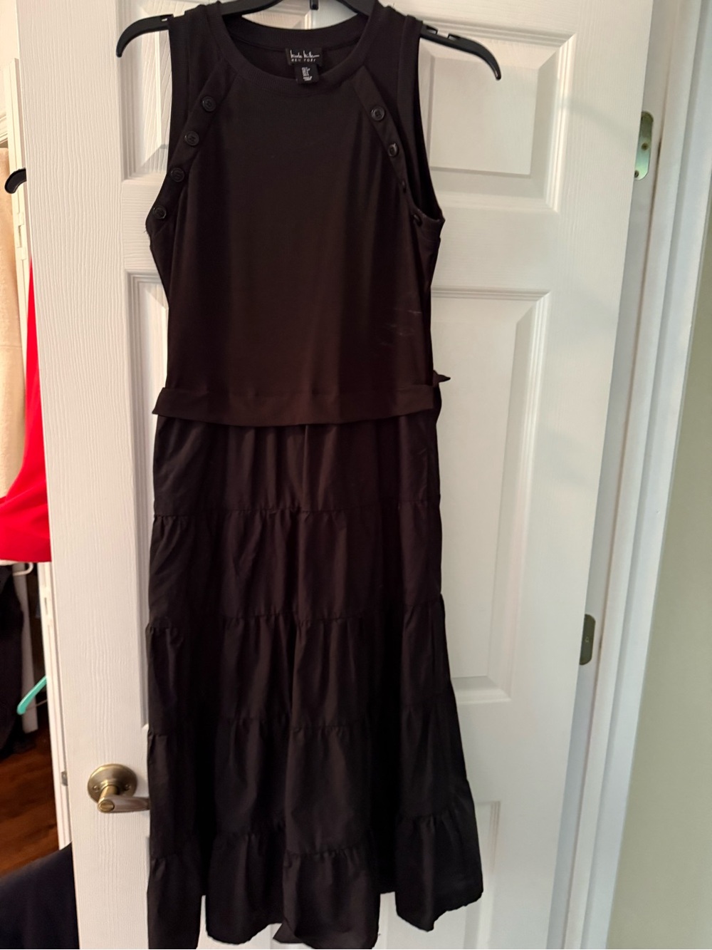 Nicole Miller Black Sleeveless Tiered Maxi with Shoulder Button Detail